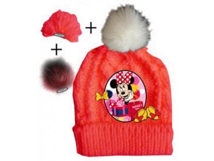 Dětský zimní kulich Minnie Mouse – vyměnitelné bambule, červený