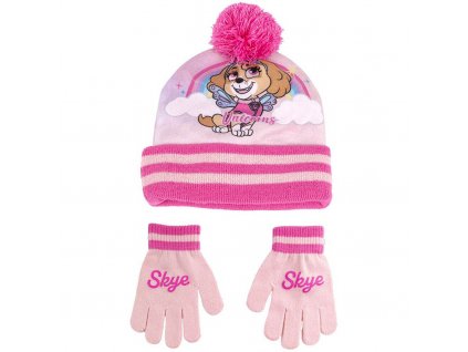 Dětská zimní sada Tlapková patrola – Skye (čepice s bambulí a rukavice)