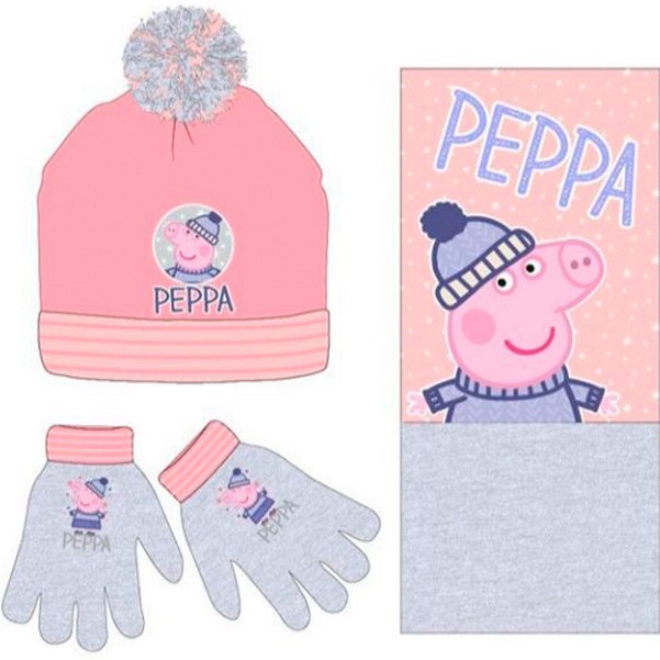 EPLUSM Souprava čepice, nákrčník, rukavice Prasátko Peppa 3ks Velikost: 52