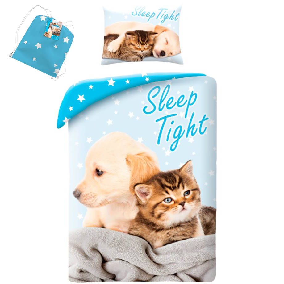 HALANTEX Povlečení Pejsek a koťátko Sleep tight v látkovém vaku bavlna 140x200 70x90