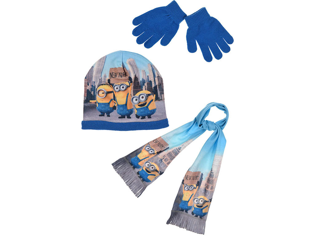 SUN CITY Souprava čepice, šála, rukavice Mimoni 3ks Barva: MODRÁ, Velikost: 54