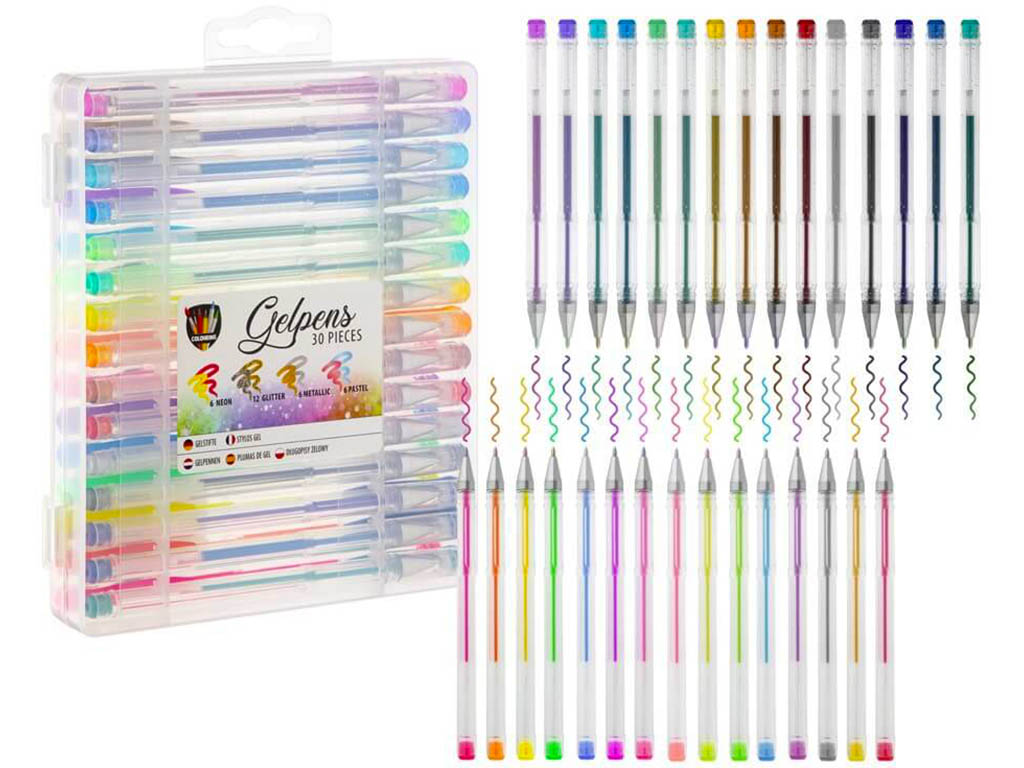 GRAFIX Gelová pera / propisky barevné v plastovém boxu sada 30ks - pastelové, neonové, třpytivé, metalické