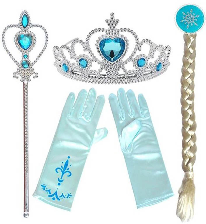 Sada Frozen 4ks / set Frozen Elsa 4ks - čelenka, hůlka, rukavice, cop - tyrkysové rukavice