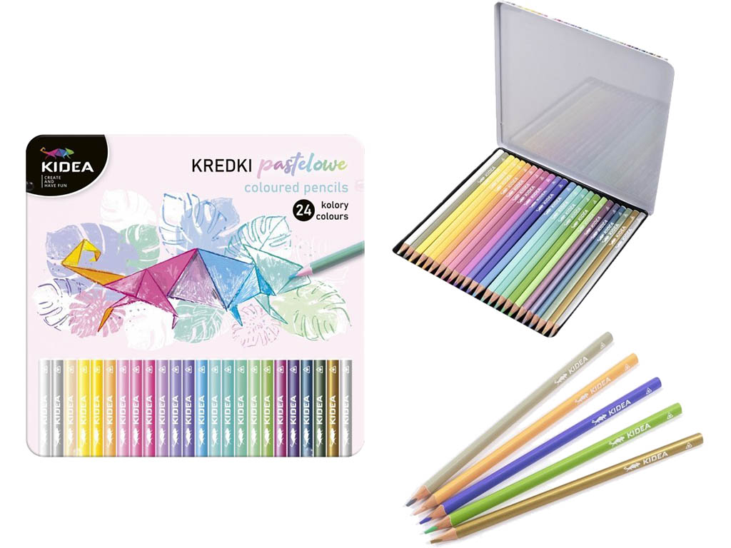 KIDEA Pastelky trojhranné pastelové + metalické barvy v kovovém boxu 24ks