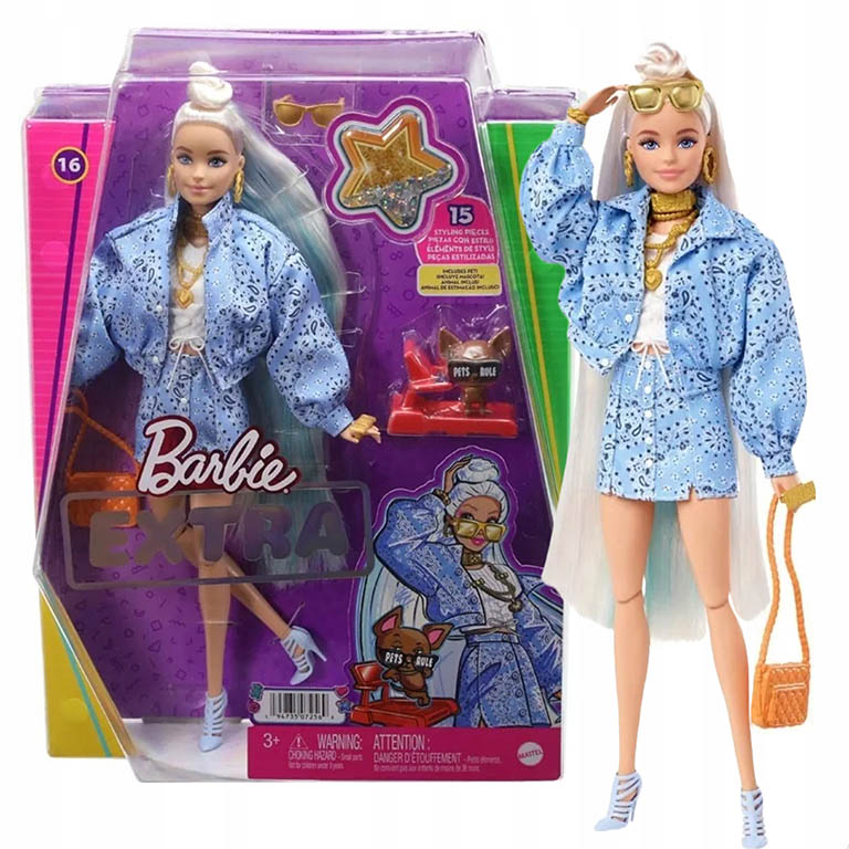 MATTEL Barbie Extra Vzorovaná modrá sukně s bundou 30cm