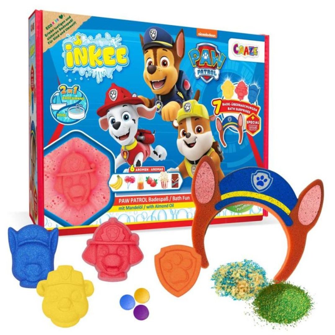 INKEE Paw Patrol Gift Box – dárková koupelová sada s bombami a čelenkou Chase