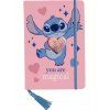 Disney Stitch růžový zápisník A5 s gumičkou a srdcem s konfetami