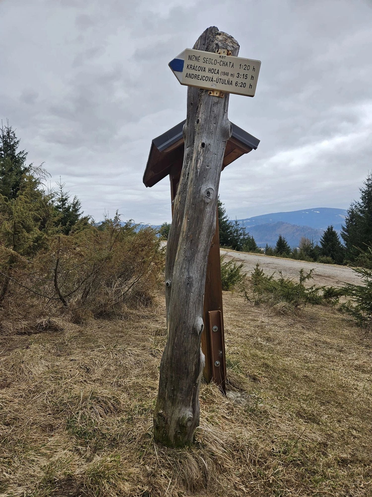 Smerovník na začiatku túry v Šumiaci, ktorý ukazuje odbočku na modrú značku.