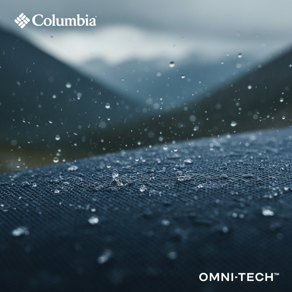 Detail vodeodolnej textílie Columbia Omni-Tech s odrážajúcimi sa kvapkami vody