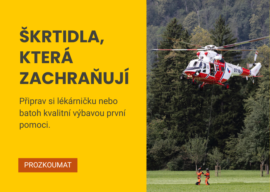 Rhino škrtidla, tlakové obvazy a výbava pro první pomoc.
