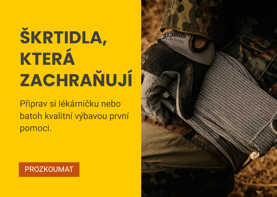 Rhino škrtidla, tlakové obvazy a výbava pro první pomoc.
