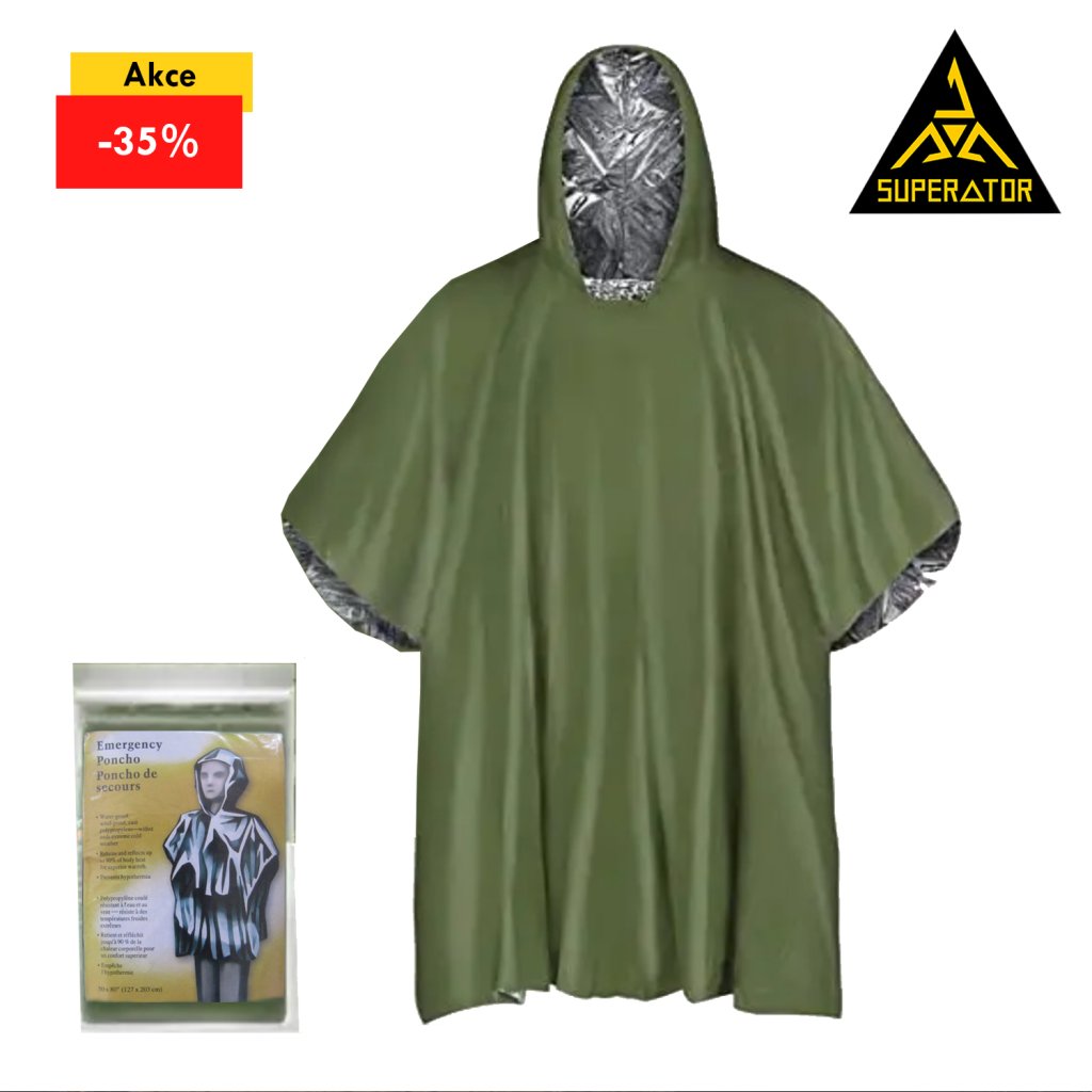 Pončo pláštěnka, materiál Polyester, 28um PE fólie. Emergency rain poncho. Lze použít naruby - SOS strana odráží sluneční paprsky a pončo tak ochlazuje.