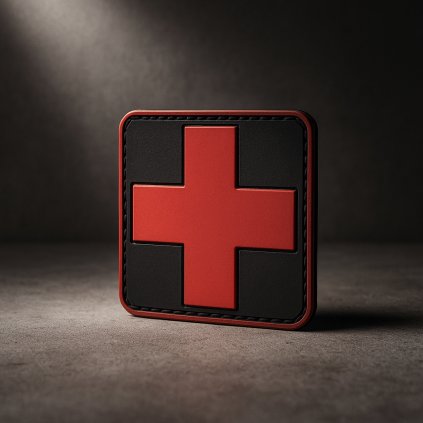 PVC 3D nášivka Červený kříž 5×5 cm černá