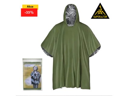 Pončo pláštěnka, materiál Polyester, 28um PE fólie. Emergency rain poncho. Lze použít naruby - SOS strana odráží sluneční paprsky a pončo tak ochlazuje.