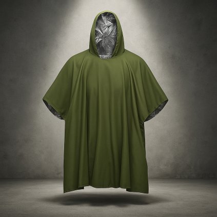 Nouzové termo pončo s kapucí – oboustranné zelená/stříbrná, mylar 28 µm