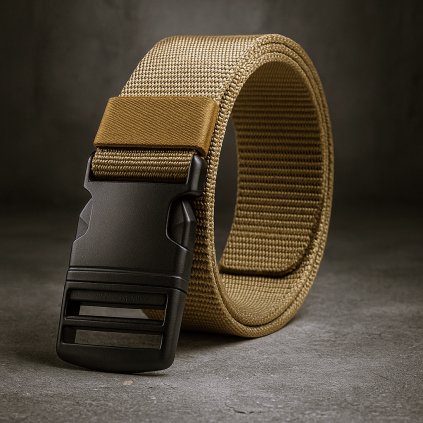 Opasek 100% nylon. Délka 120 cm, šířka 3,8 cm. Klasická spona plastová khaki písek