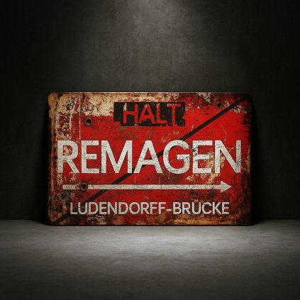 Retro plechová cedule WW2 HALT REMAGEN – Ludendorffův most, 30×20 cm