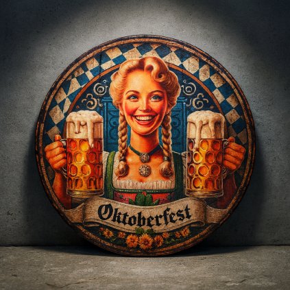 Retro kulatá plechová cedule Oktoberfest – bavorská servírka s pivem, průměr 20 cm