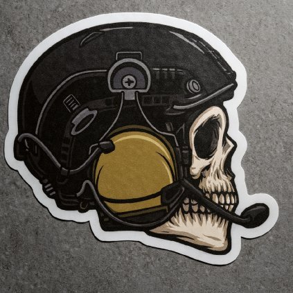 Vinylová samolepka Taktická lebka s helmou a headsetem 15×15 cm na auto, motorku i notebook