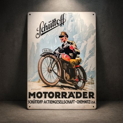 Retro plechová cedule Schüttoff – historický motocykl v Alpách 20×30 cm