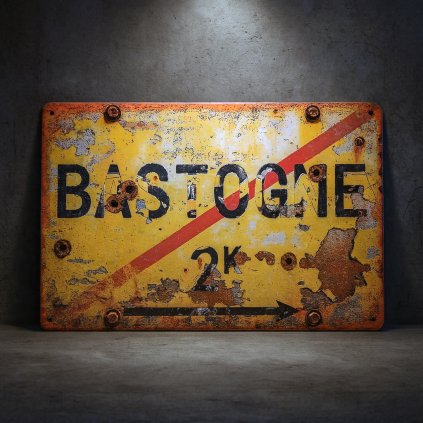 Retro plechová cedule Bastogne „2 km“ – Bitva v Ardenách (Band Of Brothers), 30×20 cm