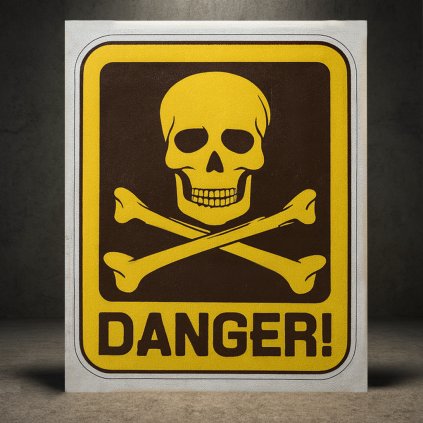 Výstražná vinylová samolepka DANGER (NEBEZPEČÍ) – lebka a zkřížené hnáty, 13×15 cm na auto, sklo, notebook, motorku