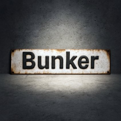 Retro plechová cedule BUNKER (BUNKR) – WW2 kovový street sign 40×10 cm