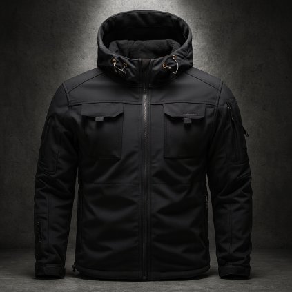 Taktická softshellová bunda s kapucí – náprsní kapsy + kapsa na rukávu (černá)