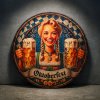 Retro kulatá plechová cedule Oktoberfest – bavorská servírka s pivem, průměr 20 cm