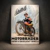 Retro plechová cedule Schüttoff – historický motocykl v Alpách 20×30 cm