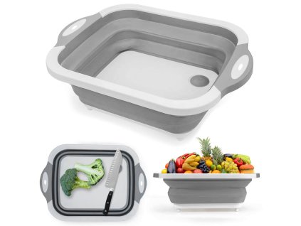 Royal Kitchen RK-3972 Skládací multifunkční prkénko, Miska 3v1 27x21,7cm / 38,7 x 29 x 11,8cm, šedo-bílá