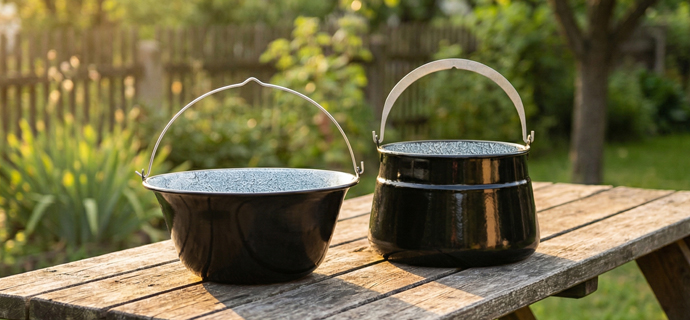 Výber kotlíka podľa tvaru – široký vs. hlboký – ktorý je lepší na guláš, polievky a varenie na ohni?