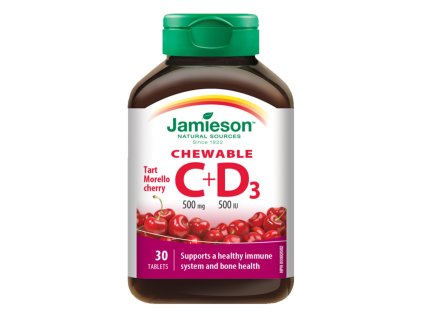 JAMIESON VITAMÍNY C A D3 500 MG/500 IU TABLETY NA CMÚĽANIE S PRÍCHUŤOU VIŠNE 30 TBL.