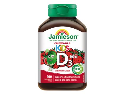 JAMIESON VITAMÍN D3 KIDS 400 IU TABLETY NA CMÚĽANIE S PRÍCHUŤOU JAHODY PRE DETI 100TBL.