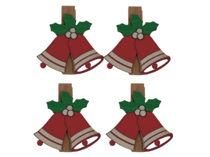 Vánoční dekorační kolíček - dřevěné zvonečky 4ks