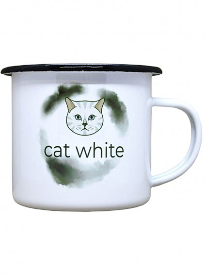 Smaltovaný hrnek plecháček s potiskem cat white