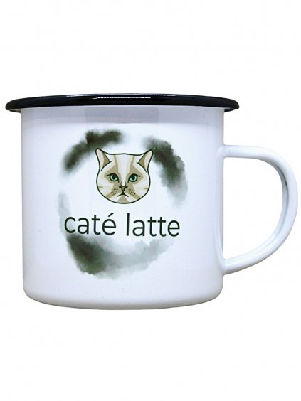 Smaltovaný hrnek plecháček s potiskem caté latte