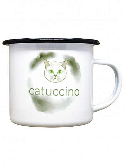 Smaltovaný hrnek plecháček s potiskem catuccino