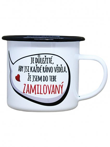 Smaltovaný hrnek plecháček s potiskem zamilovaný