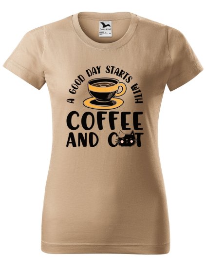 Dámské tričko s potiskem Coffee and cat (Barva trička - ženy (NOVÉ) Apple green, Velikost - všechny NOVÉ 2XL)