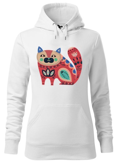 Dámská mikina Kočka z květin (Barva dámské mikiny Malfini Cape Bílá, Velikost - žena NOVÉ 2XL)