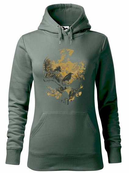 Dámská mikina Lebka a ptáci (Barva dámské mikiny Malfini Cape Bílá, Velikost - žena NOVÉ 2XL)