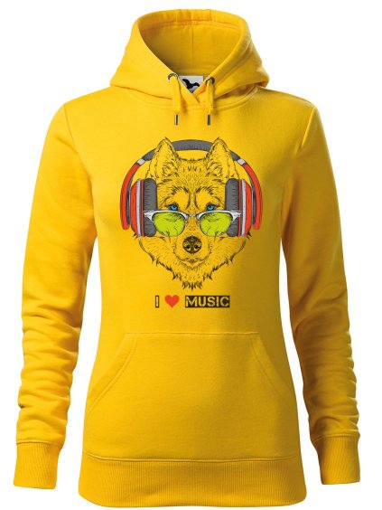 Dámská mikina I love music vlk (Barva dámské mikiny Malfini Cape Ocelově šedá, Velikost - žena NOVÉ XS)