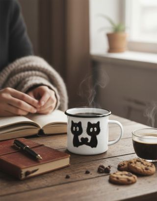 Hledáš milý dárek pro kočkomilce (nebo pro sebe)? 🐱☕ Smaltovaný plecháček s potiskem kočky — 330 ml, bílý s černým lemem....