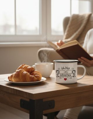 Máte dědečka, který si nejlíp vychutná kafíčko venku i doma? ☕️🌲 Plecháček s potiskem „Kávička pro dědečka“ (330 ml) —...