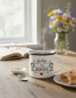 Hledáte dárek, který rozsvítí babiččin den? ☕️💛 Plecháček „Kávička pro babičku“ (330 ml) — retro smaltovaný hrnek s černým...
