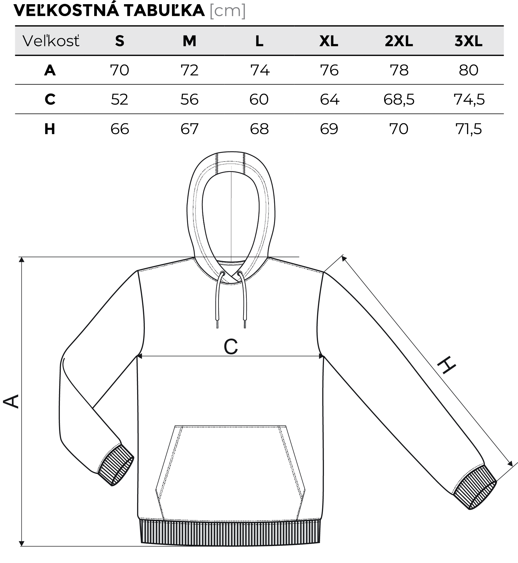 unisex tabulka velkosti mikina
