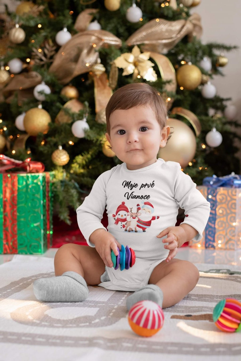 sublimated onesie mockup featuring a baby by a christmas tree m987 (2)