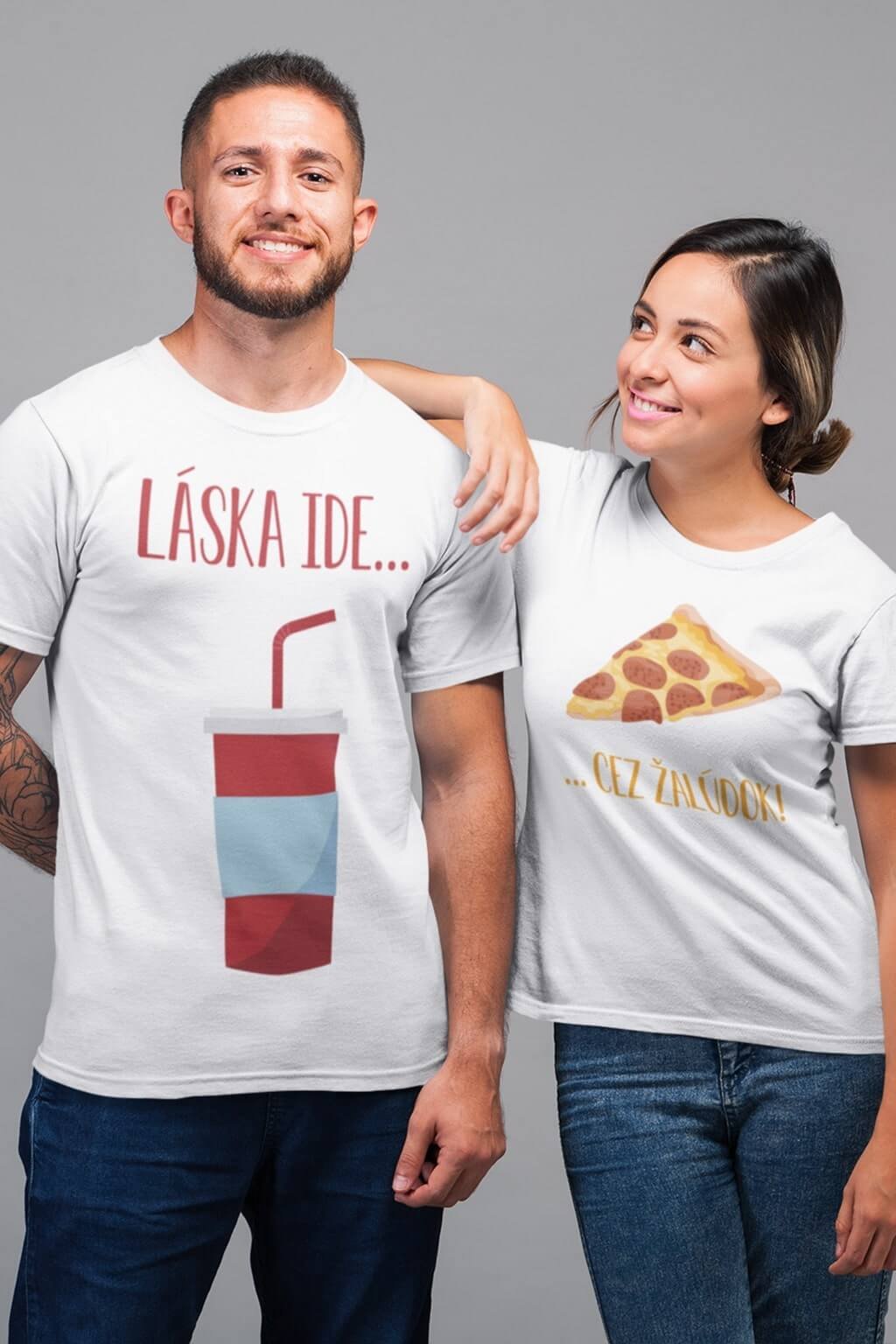 Tričká pre páry Láska ide cez žalúdok pizza