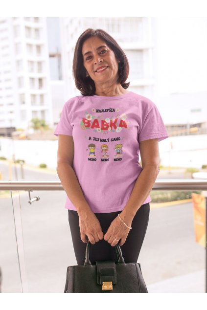 portrait of an elder woman wearing a t shirt mockup holding a bag a20358 (1)